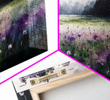 Panoramic Framed Canvas Print - Watercolor Purple Flower Field Landscape - Perfect for Living Room, Bedroom, Office, Guest Room Art