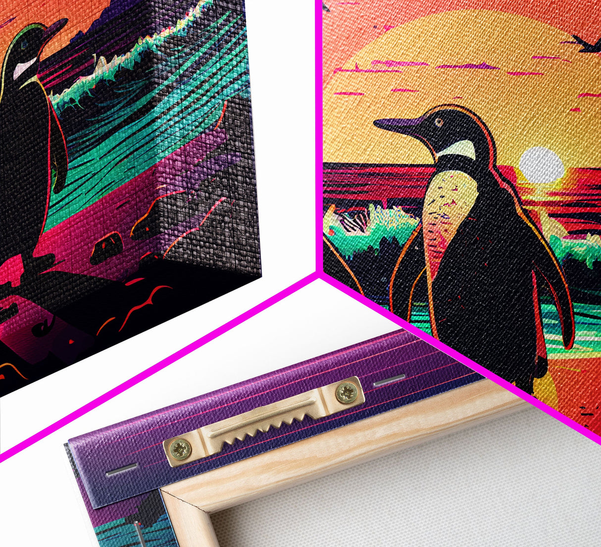 Surfing Penguins walking on the beach, retrowave art, framed canvas print, animal art