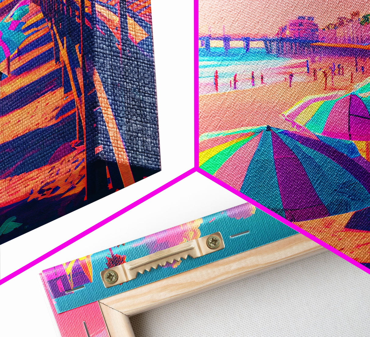 Neon Pastel wall art, vaporwave aesthetic boardwalk, neon beach, framed canvas print