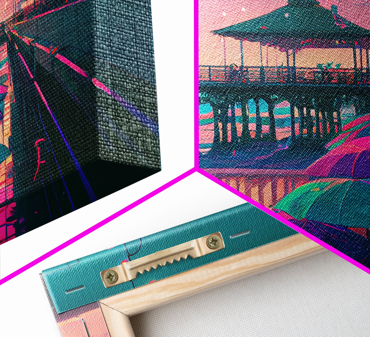 Neon Beach, cool beach house wall decor, synthwave pier and boardwalk, framed canvas print, framed wall art