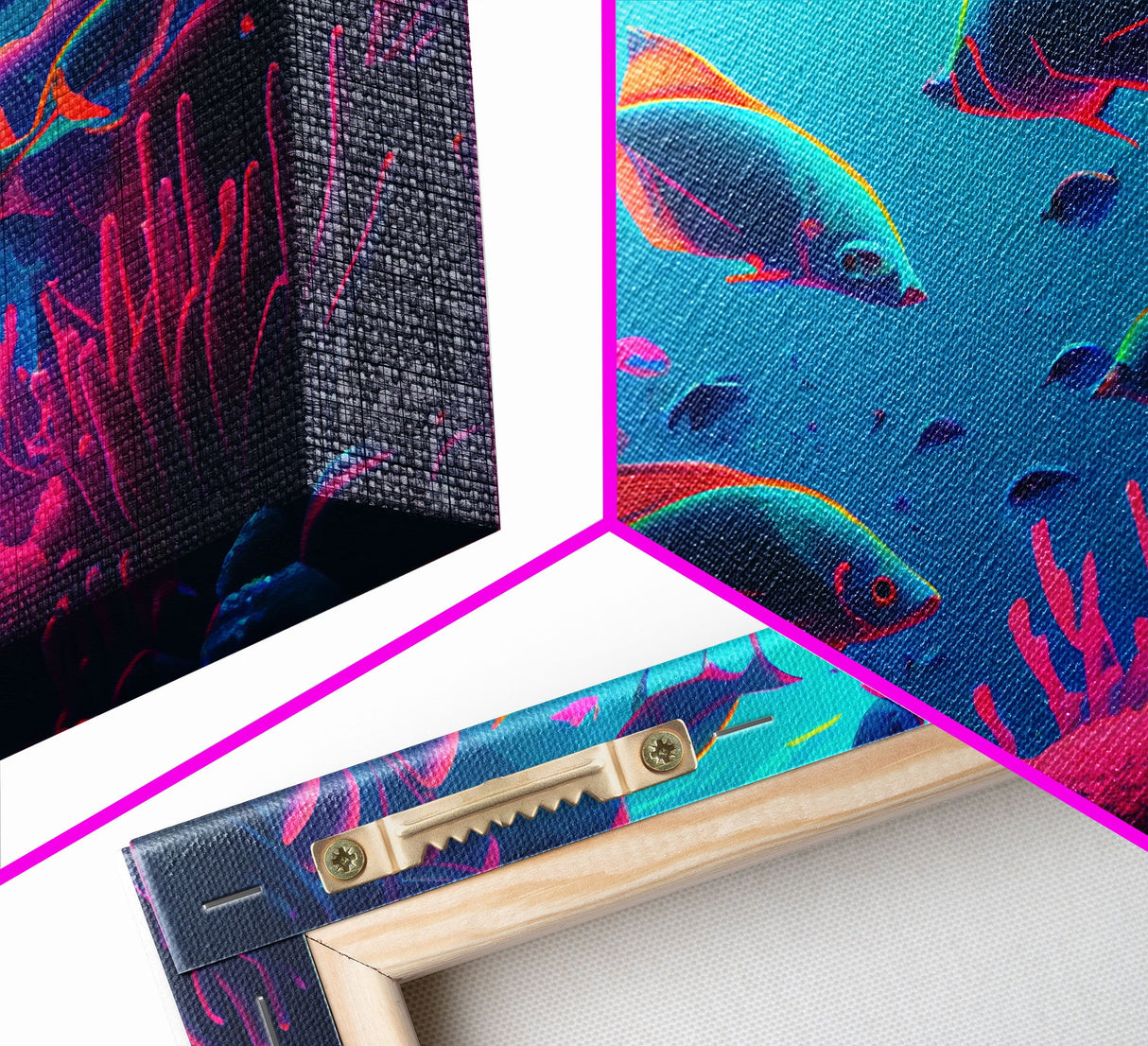 Coral Reef art, synthwave aesthetic ocean art, school of fish, framed canvas art, framed wall art canvas print