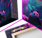 Cute pandas, jungle, framed canvas print, framed wall art, synthwave animal art