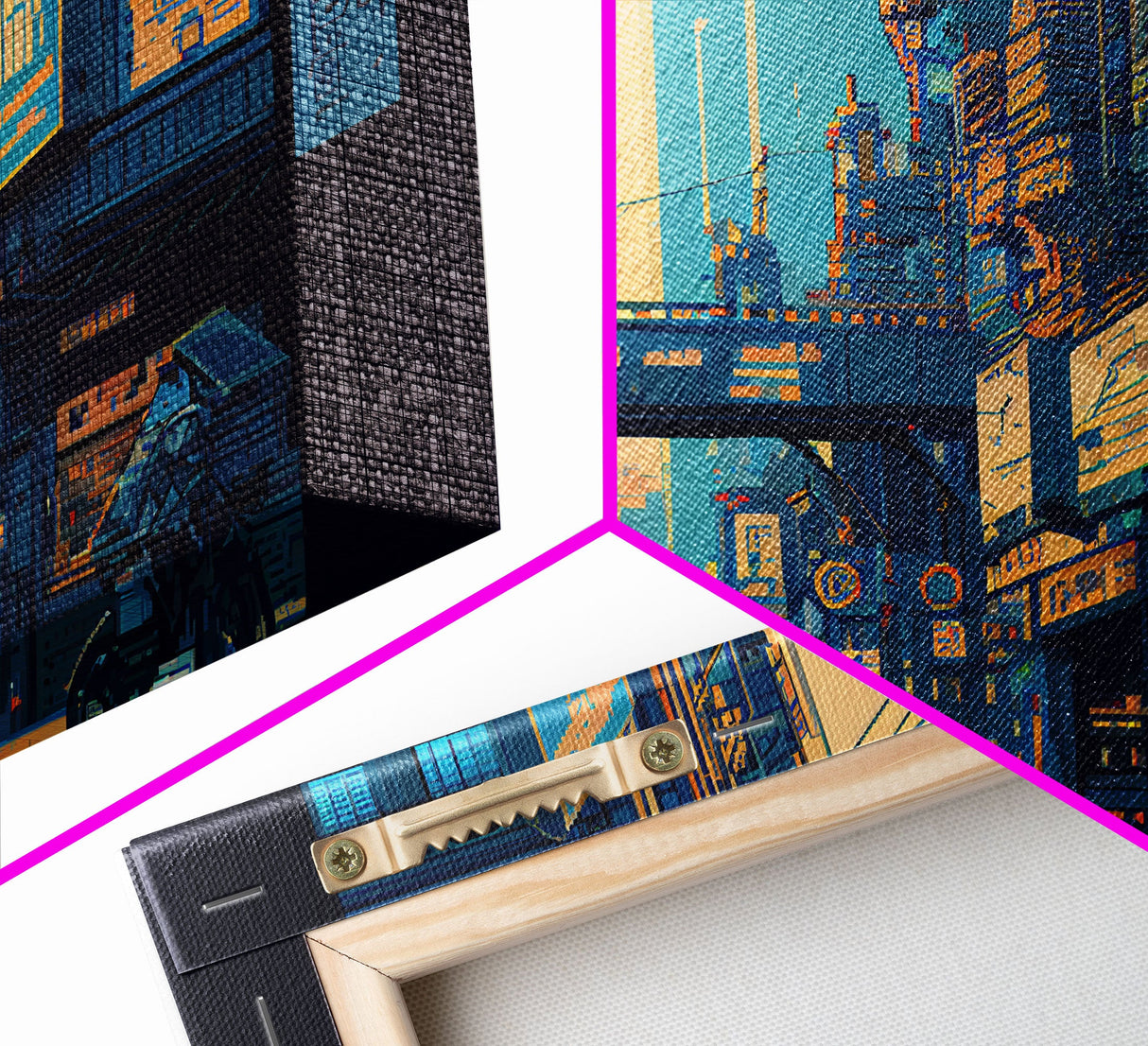 8 bit pixel art cyber punk city, video game concept art, framed canvas print, game room art