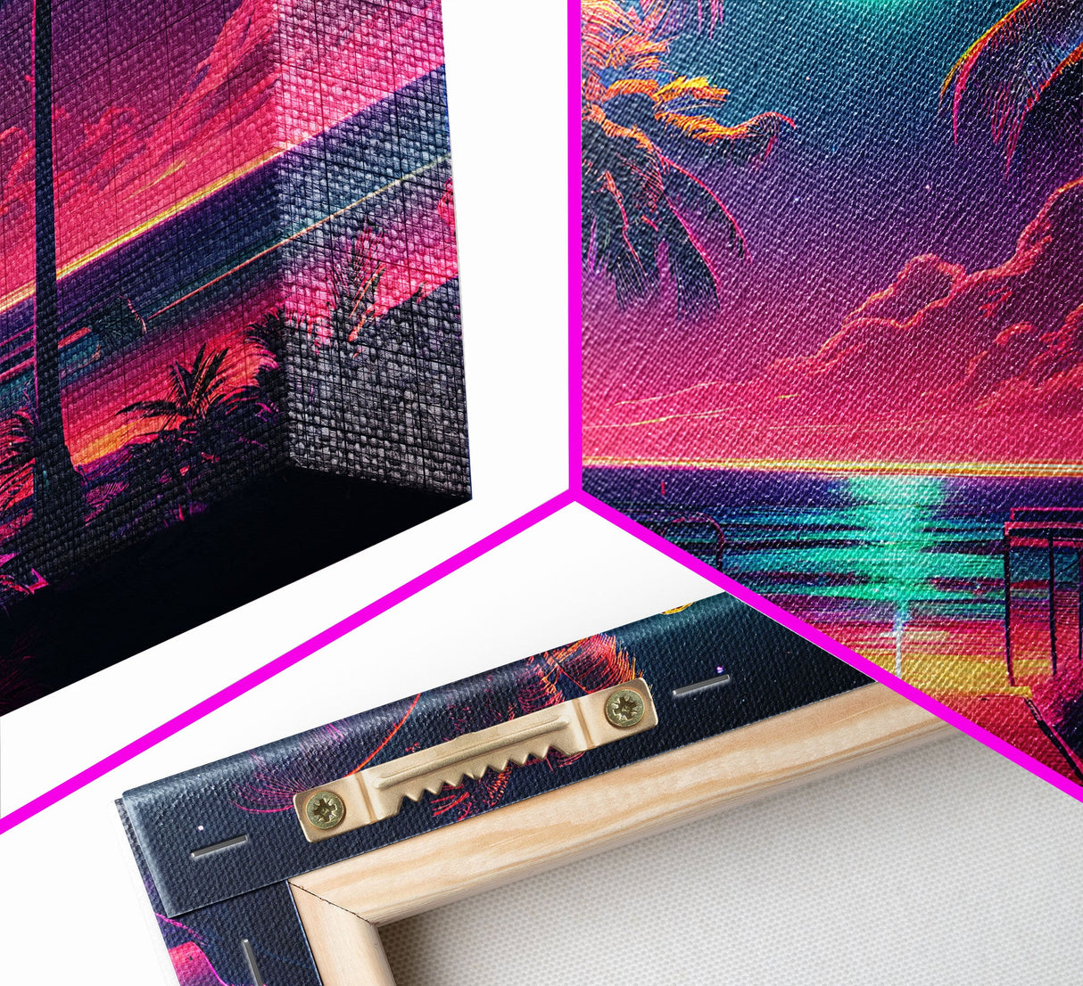 Outrun style full moon lit beach, framed canvas print, synthwave palm tree & beach art