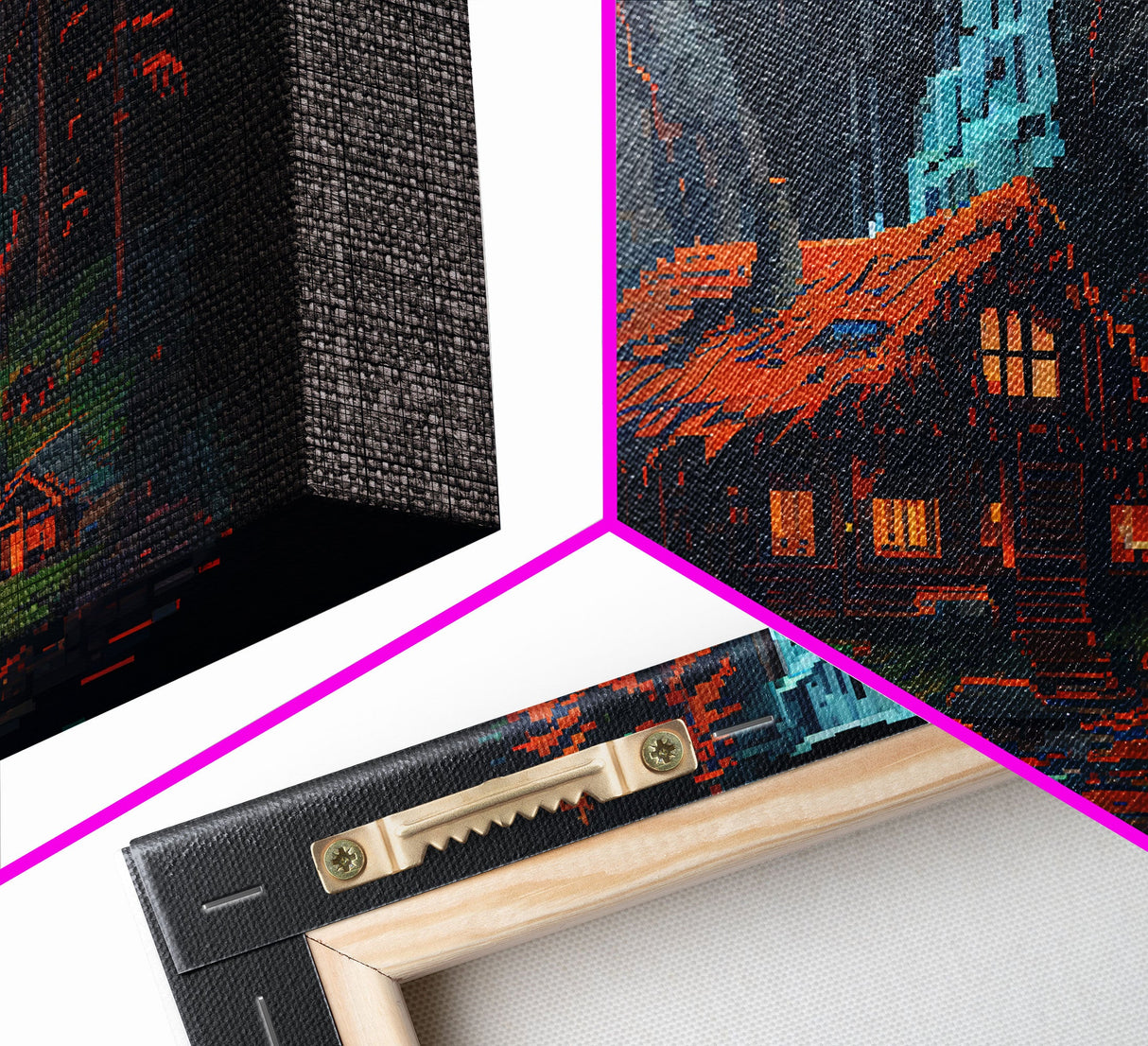 Secluded log cabin in the woods with a waterfall behind it, 8 bit pixel art, framed canvas print