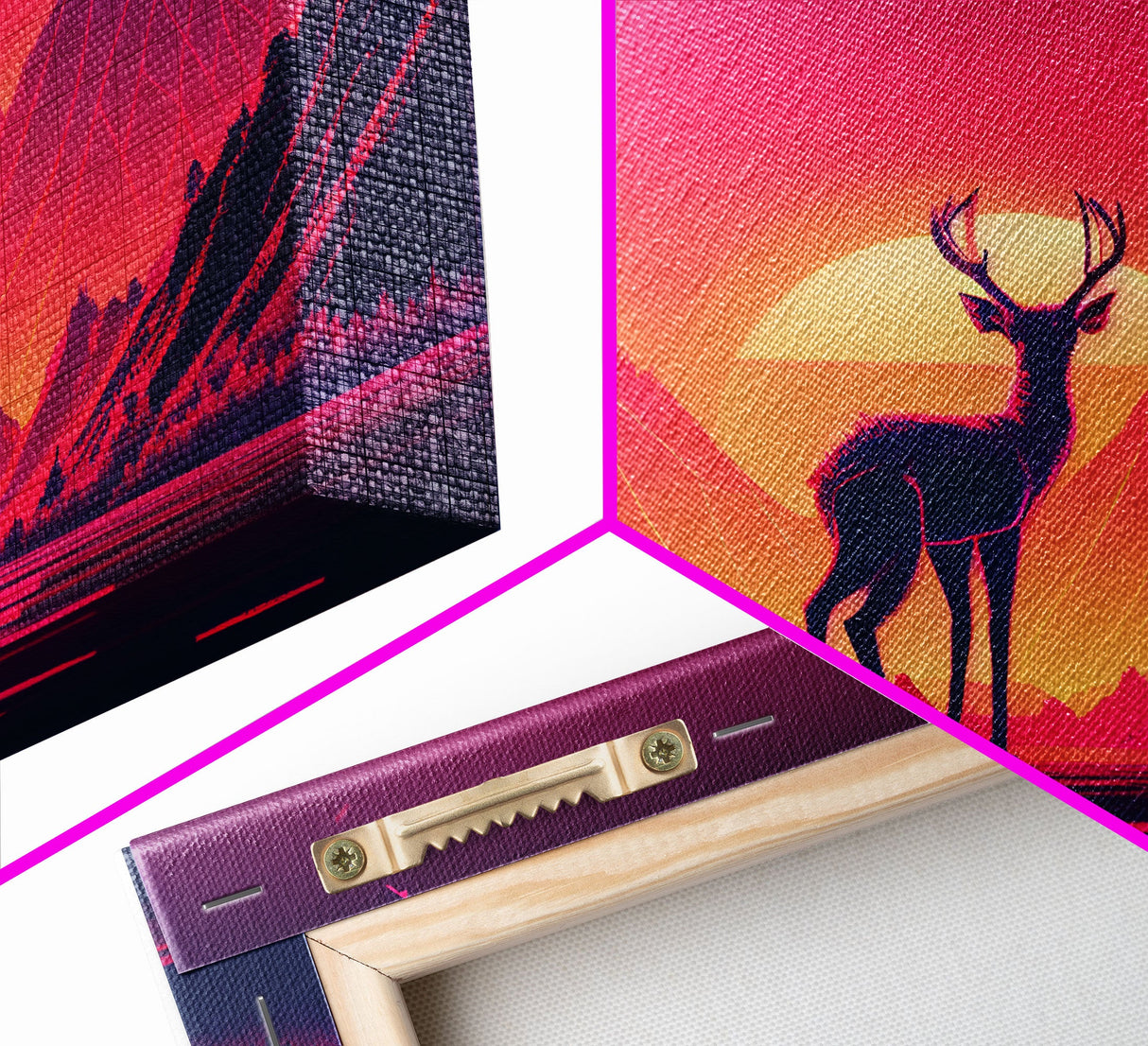 Deer at sunset, outrun style nature animal print, framed canvas print, sunrise art