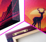 Deer at sunset, outrun style nature animal print, framed canvas print, sunrise art