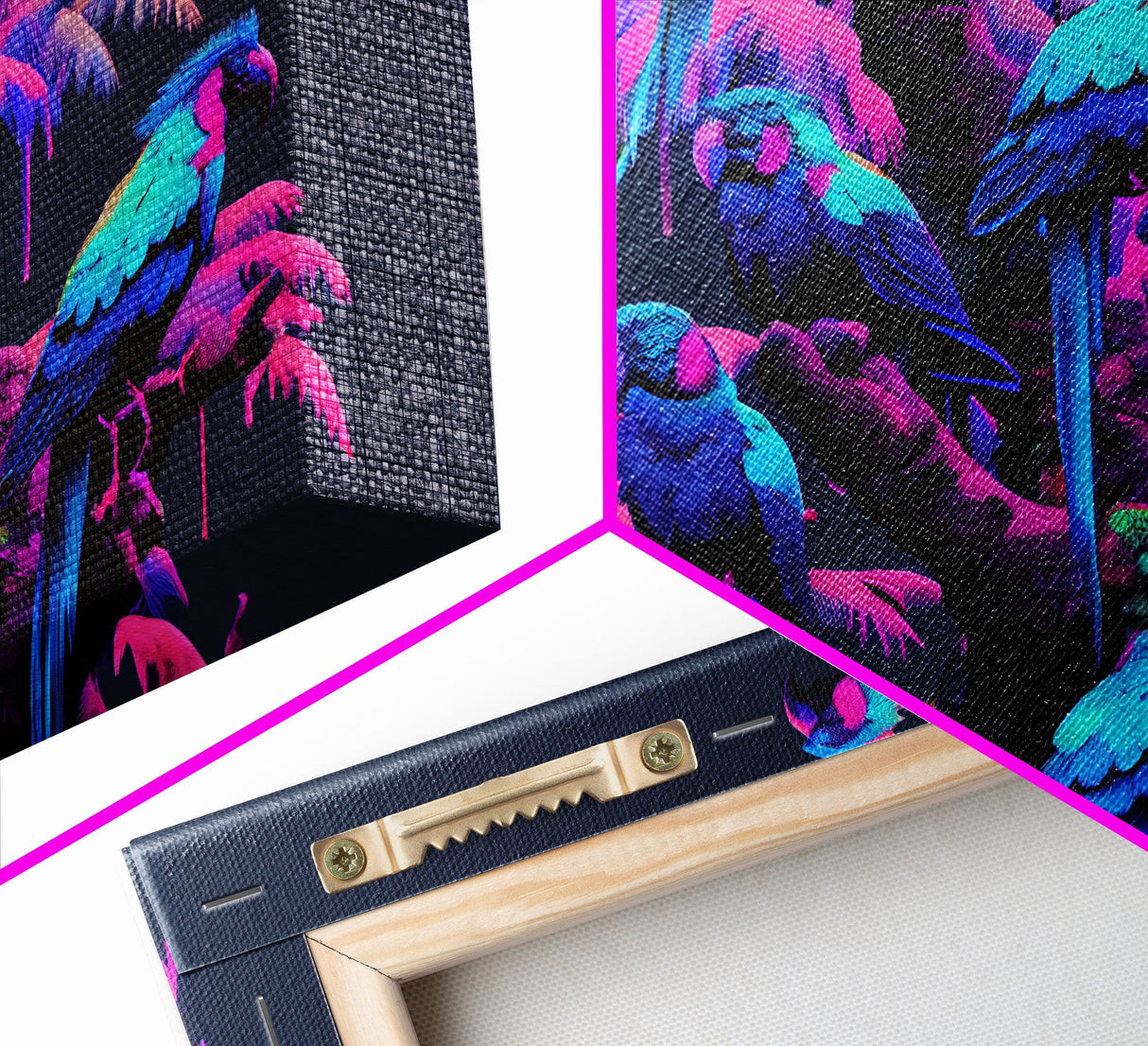 Synthwave Tropical Birds, Parrot Art, Framed canvas print, framed wall decor, vaporwave animal print