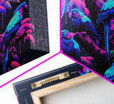 Synthwave Tropical Birds, Parrot Art, Framed canvas print, framed wall decor, vaporwave animal print