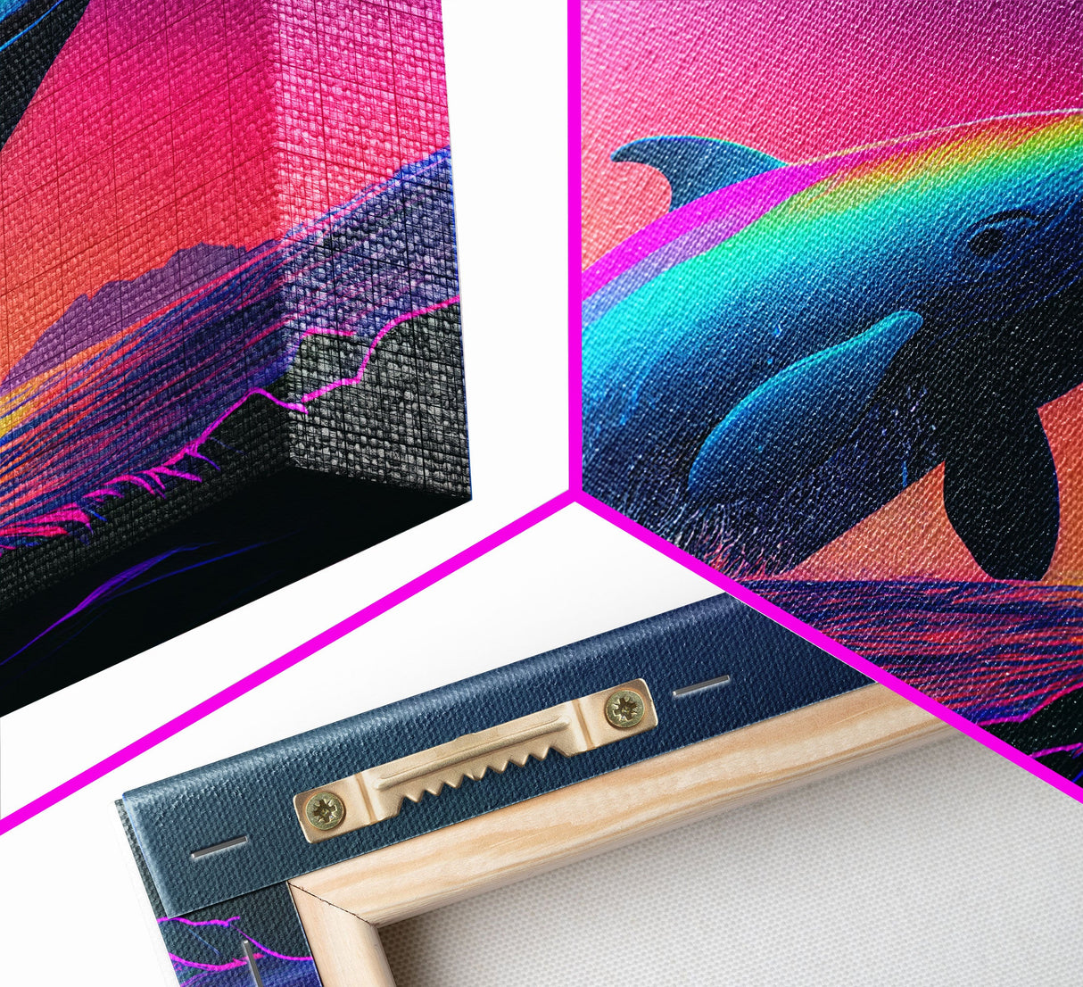 Humpback whale breaching a rainbow, vaporwave art, synthwave animal print, framed canvas print