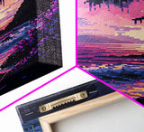 Pink Sunset, Vaporwave Aesthetic pixel art beach sunset, framed canvas print