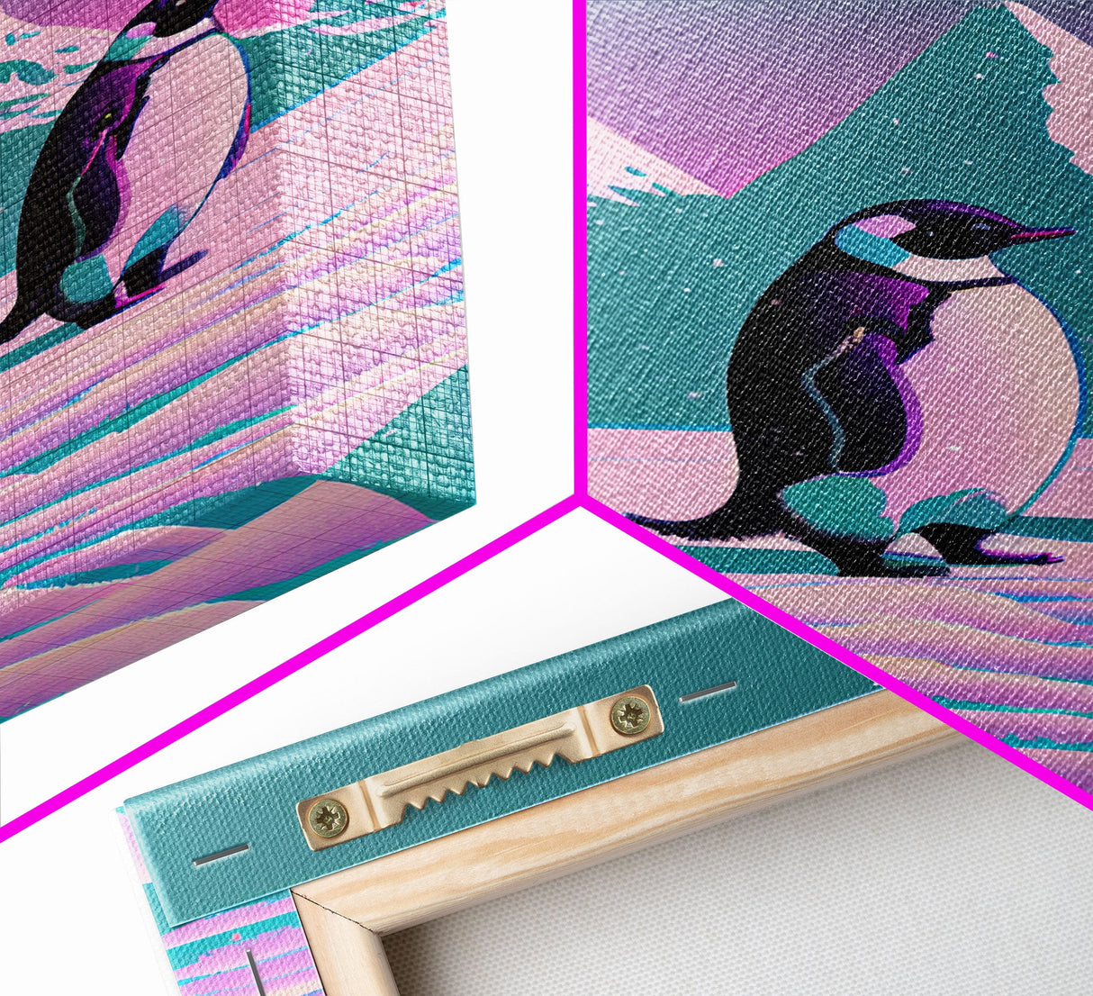 Retrowave Penguins in the Arctic, synthwave style wall art, Antarctica art, framed canvas print, cute animal prints