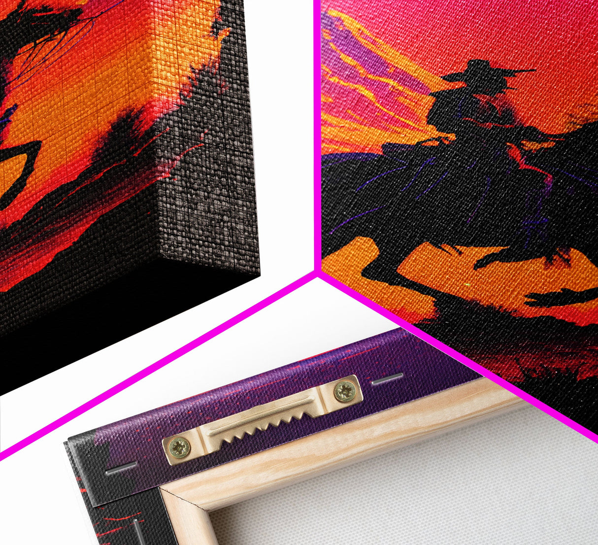 Outrun Style Wildwest Sunset Art, Framed canvas print, framed wall art, retro style western decor