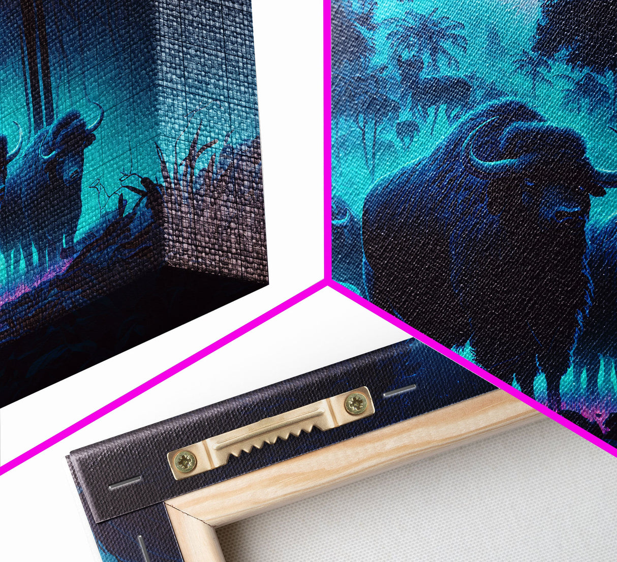 Herd of Water buffalo at midnight, full moon, retro style synthwave animal prints, framed canvas print