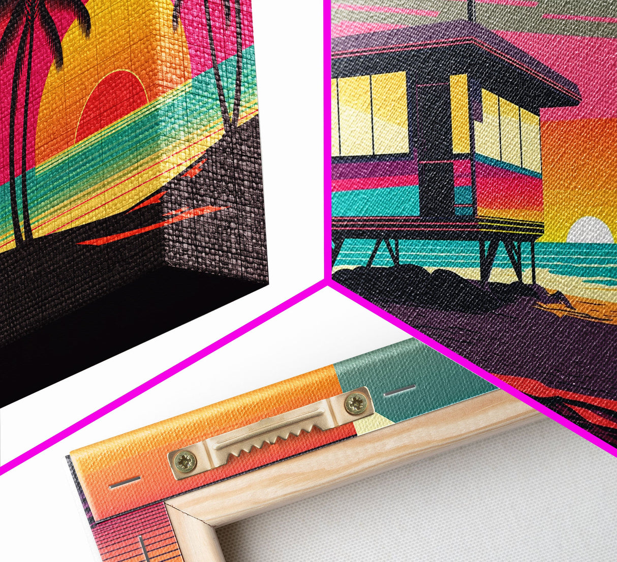 Beach Vibes, 3 Panel Wall Art, Framed Canvas Prints, Triptych Art, 3 Piece, 80s Vibes Vaporwave Wall Art, Life Guard Hut and Palm Trees