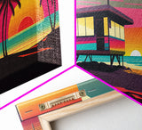 Beach Vibes, 3 Panel Wall Art, Framed Canvas Prints, Triptych Art, 3 Piece, 80s Vibes Vaporwave Wall Art, Life Guard Hut and Palm Trees