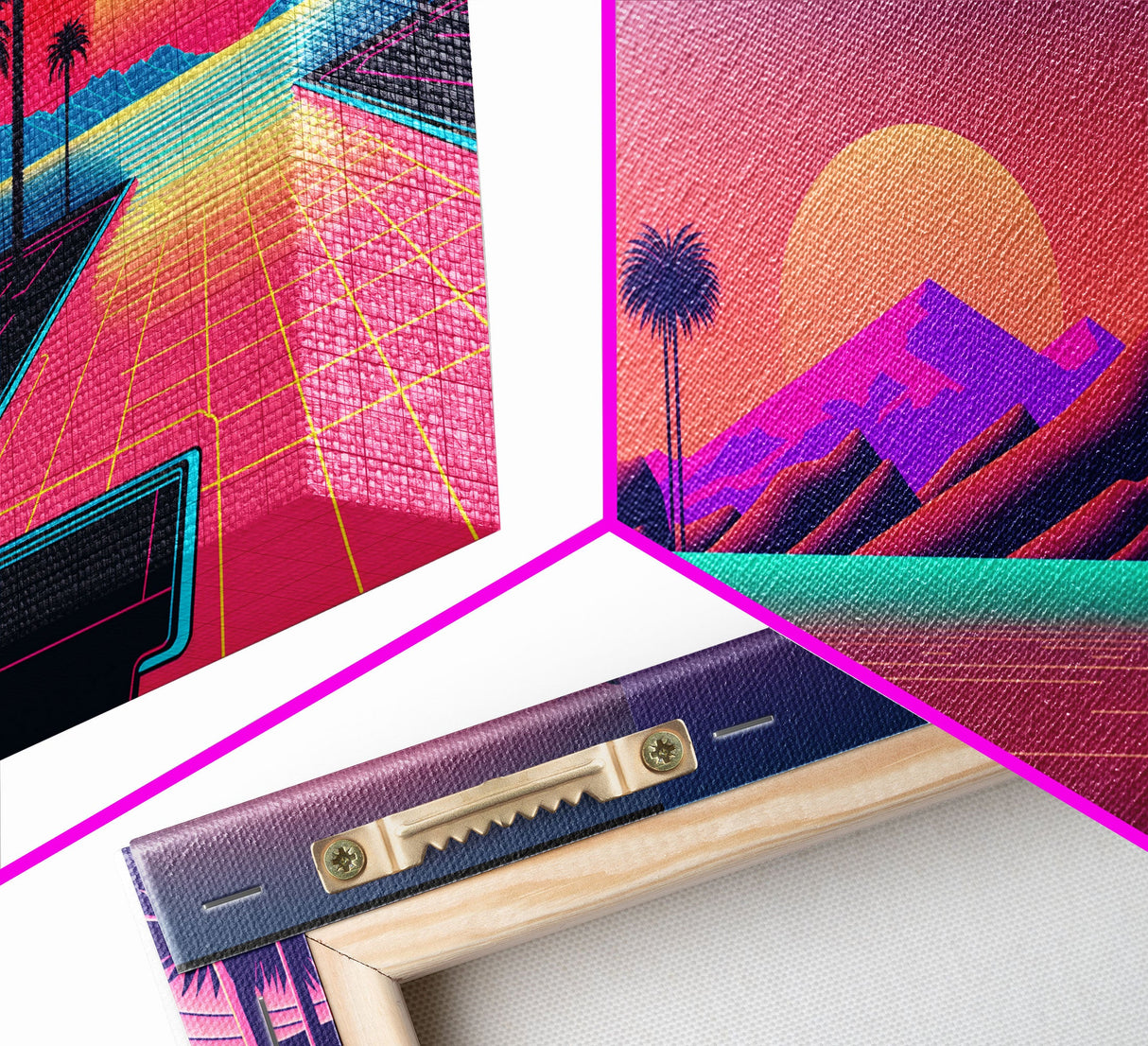 Retro 80s Style Art, 3 Panel Framed Canvas Prints, Canvas Wall Art, Synthwave / Vaporwave Aesthetic Retro Style Wall Art, Pink Wall Decor