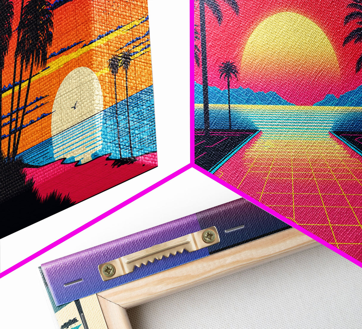 Midcentury Modern Wall Art, Mid Century Modern, 3 Piece Framed Canvas, 3 Panel Art, Triptych Art, Vaporwave Palm Trees and Sunset, 80s Retro