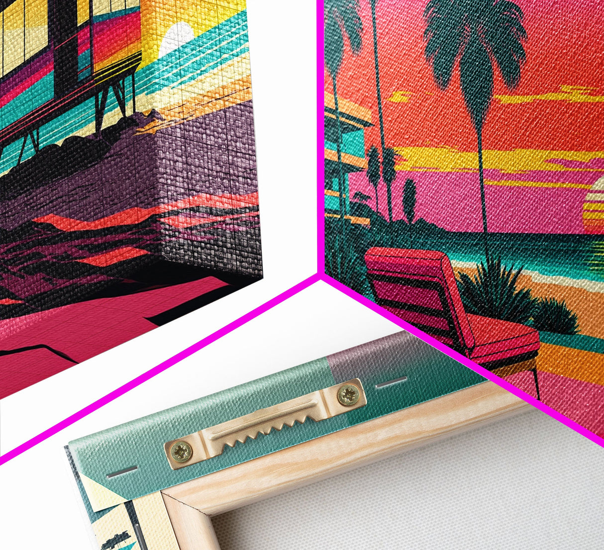 MCM Style Retro Wall Decor, Framed Canvas Prints, Triptych 3 Panel Wall Art, Retrowave Beach Art, Minimalist Boho Vaporwave Architecture Art