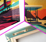 MCM Style Retro Wall Decor, Framed Canvas Prints, Triptych 3 Panel Wall Art, Retrowave Beach Art, Synthwave / Vaporwave Architecture Art