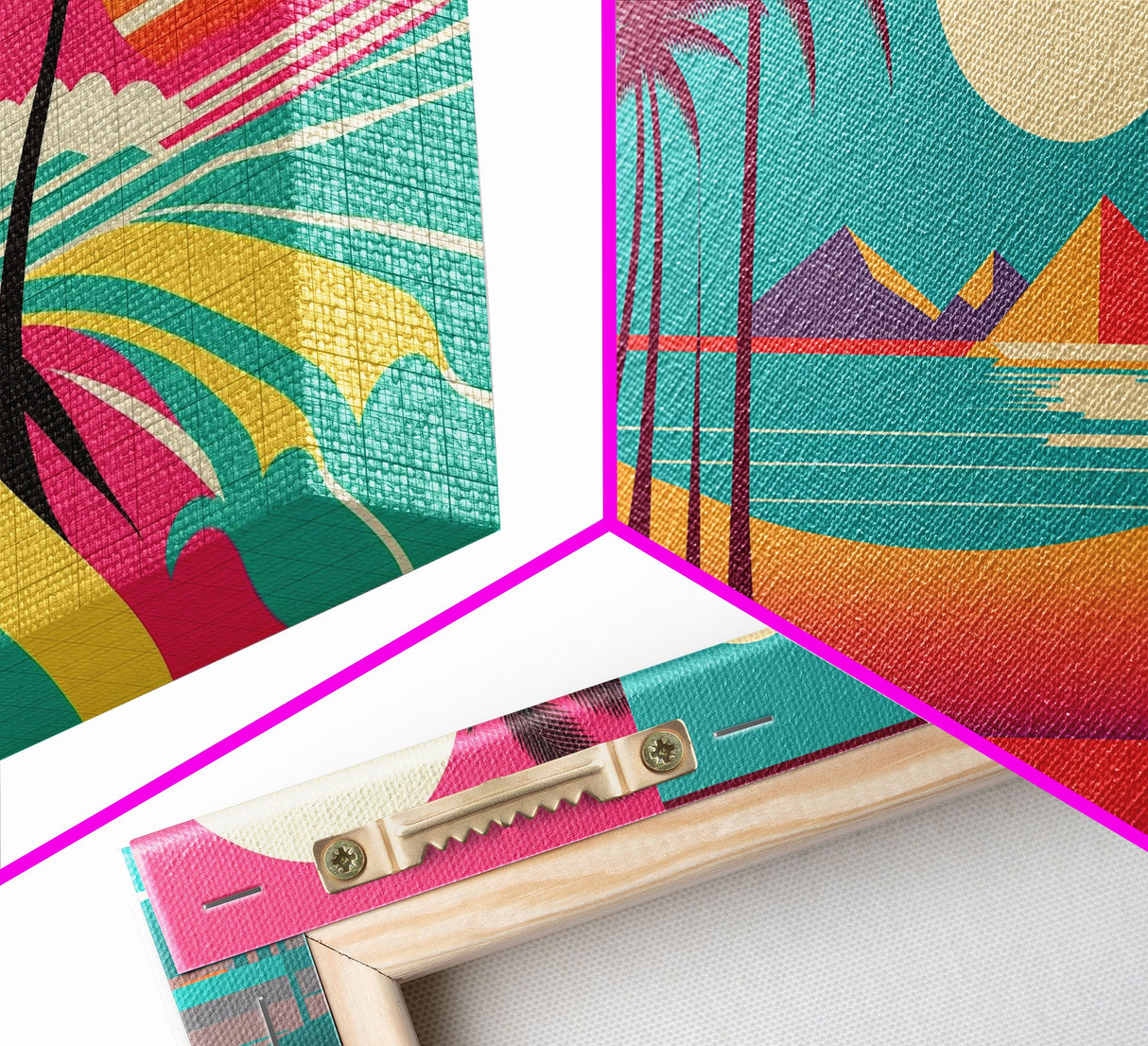 Midcentury / At Deco / Vaporwave mashup, Palm Trees & Beach Art, Framed Canvas Prints, 3 Panel Triptych Art, 80s Vibes