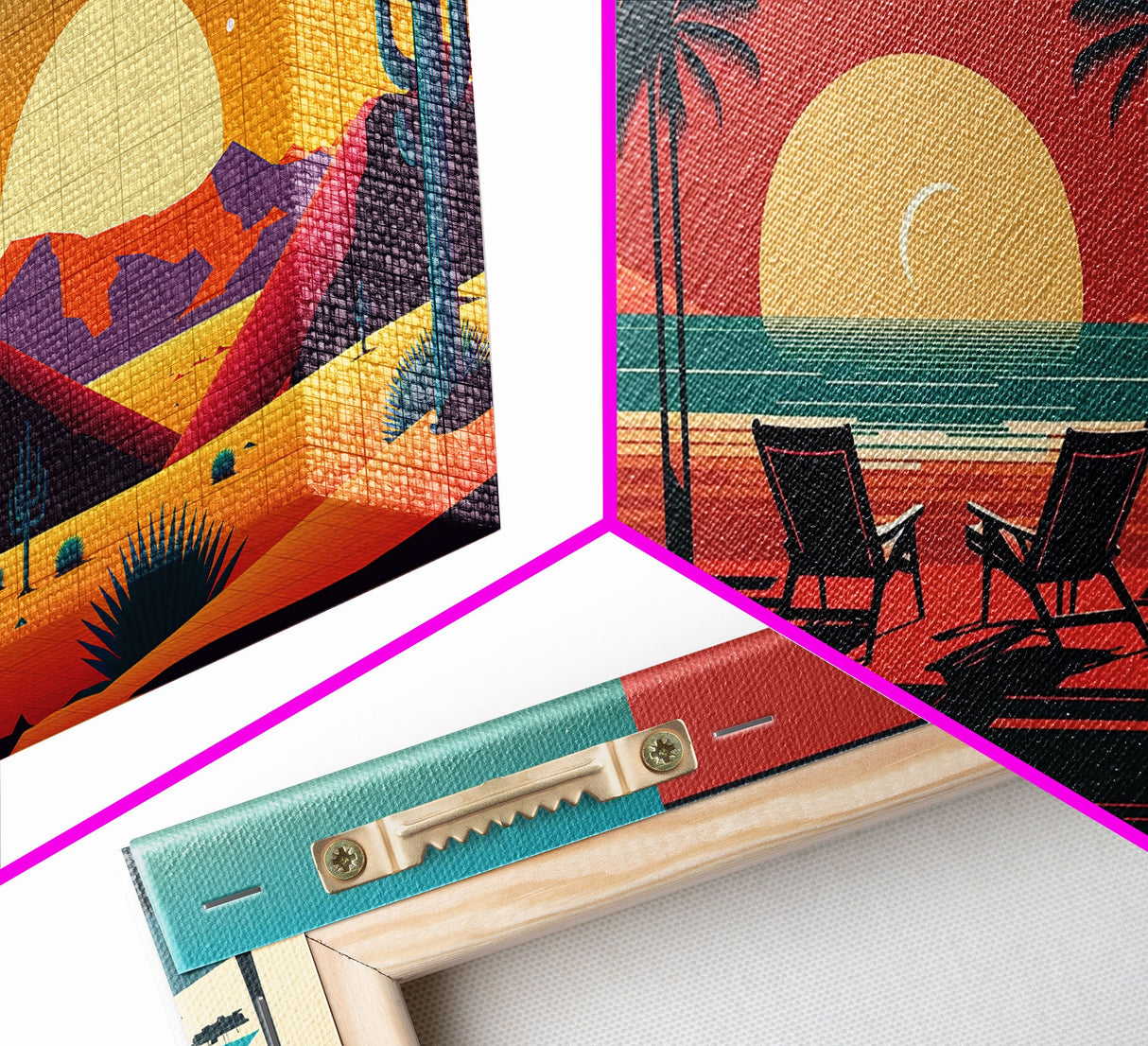 Beach Vibes - Midcentury / Art Deco / 80 Vibes Mash up - Framed Canvas Prints - Turquoise Sky and Palme Trees - 3 Panel Art, Triptych Prints