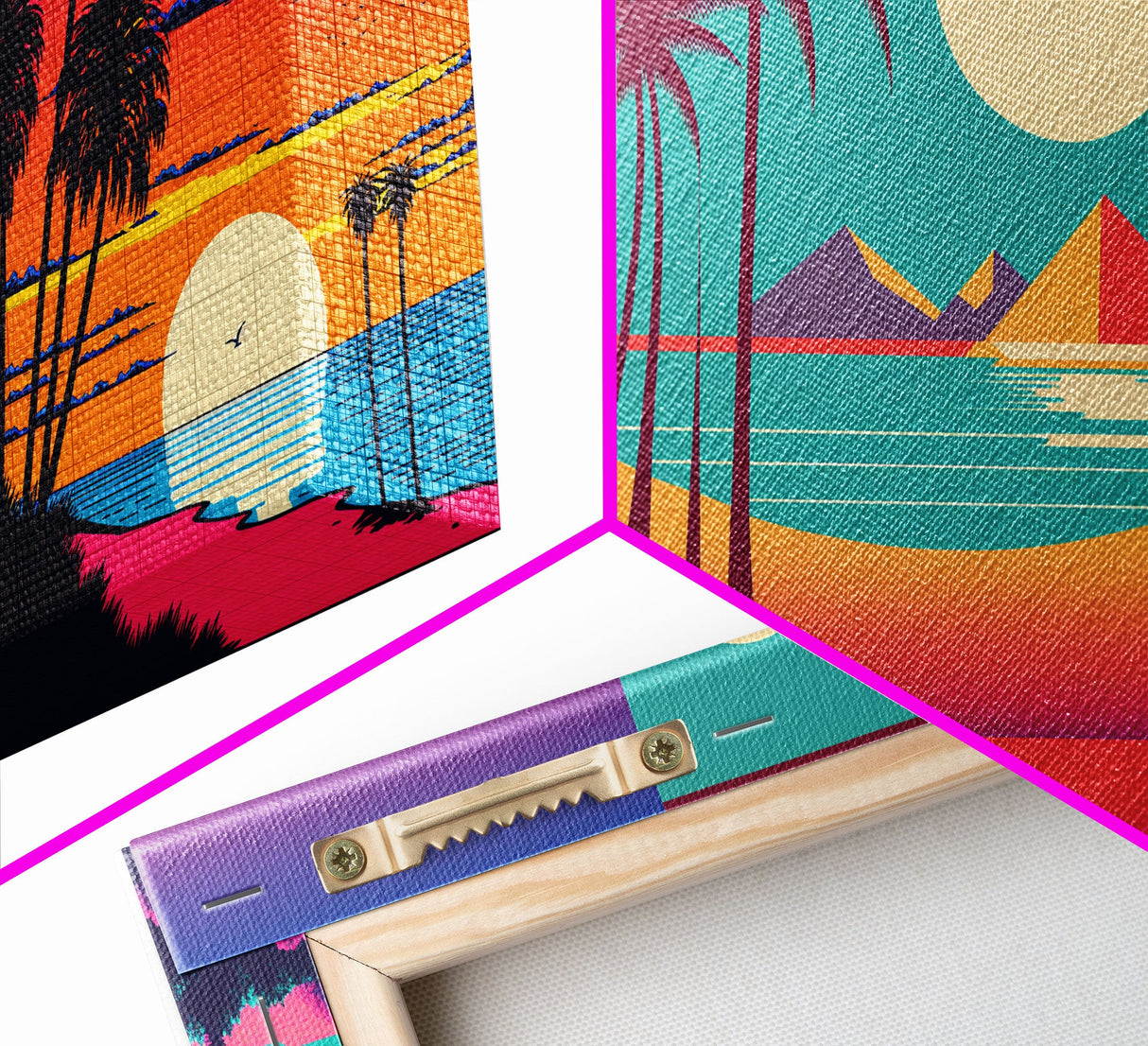 Retrowave Priint Set  - 3 Piece Wall Art - Triptych 3 Panel Art - Beach Wall Art - Framed Canvas Prints - Tropical Beach Decor