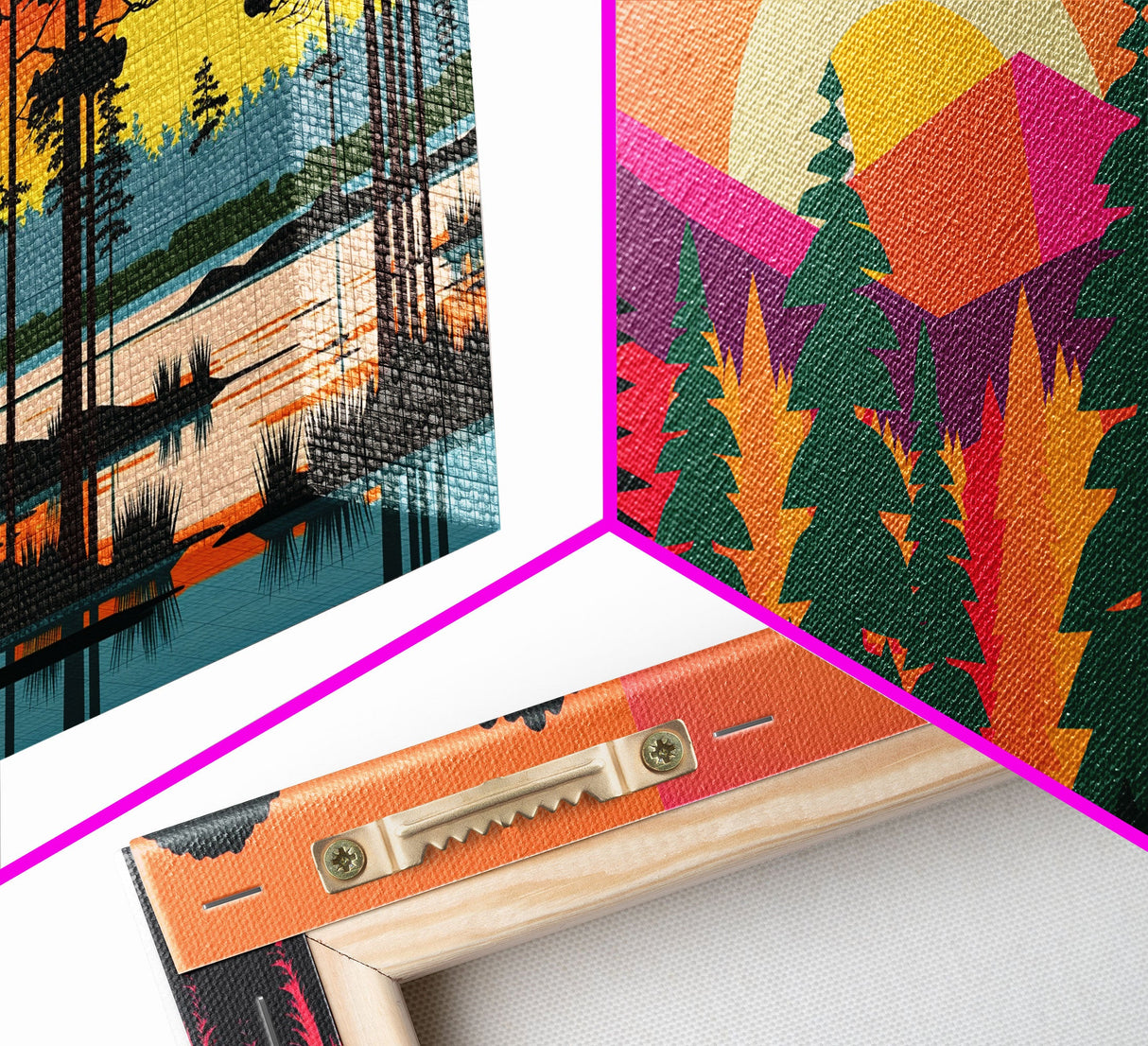 Pacific Northwest MCM Style Landscape Art, Framed Canvas Prints, 3 Piece Art Set, Triptych Art, Colorful Retro Style Pine Tree Forests