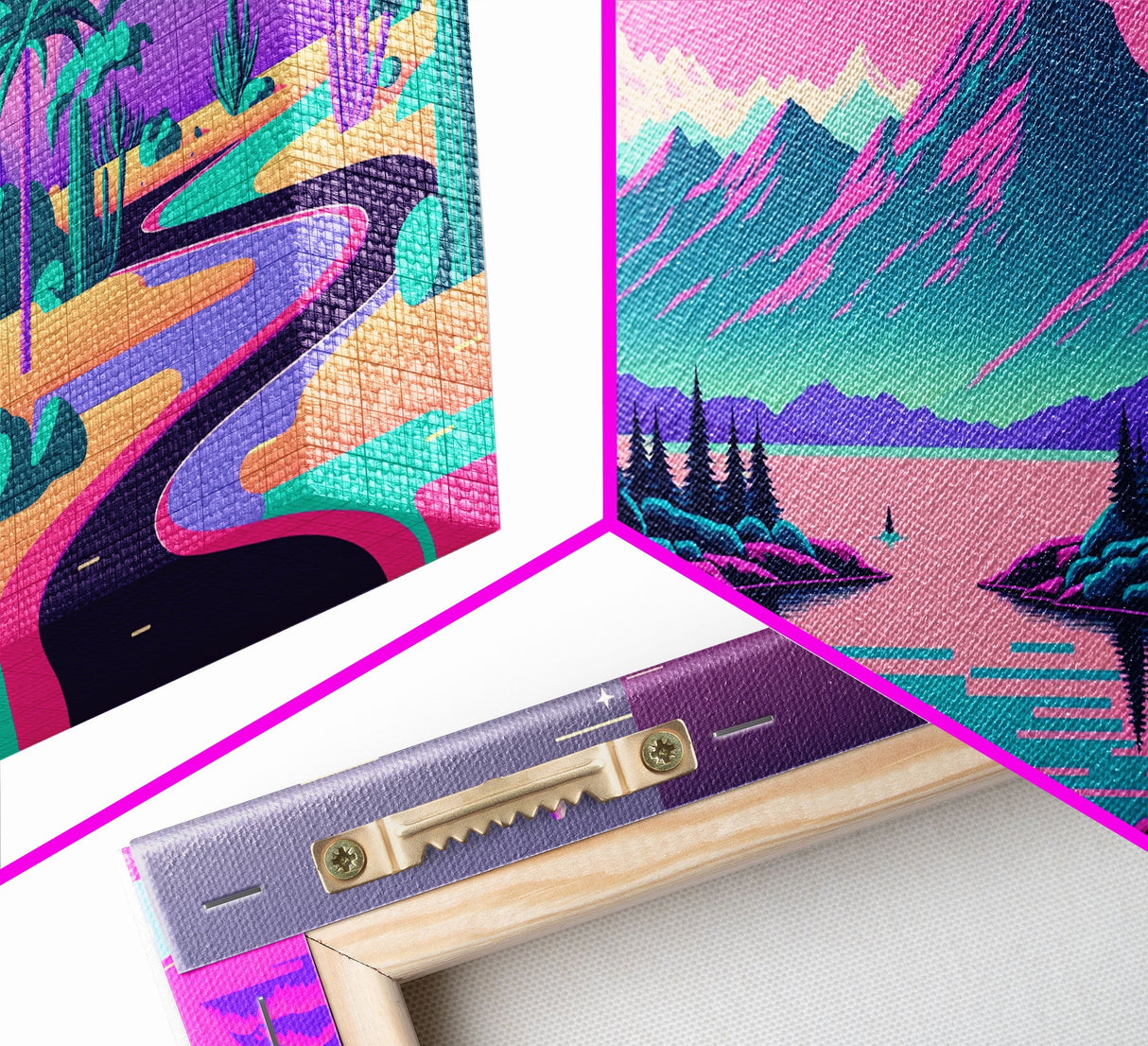 Vaporwave Aesthetic Mountain Landscape Prints, Framed Canvas Art, 3 Panel Art Set, 3 Piece Art, Retro Feel Minimalist Abstract Art