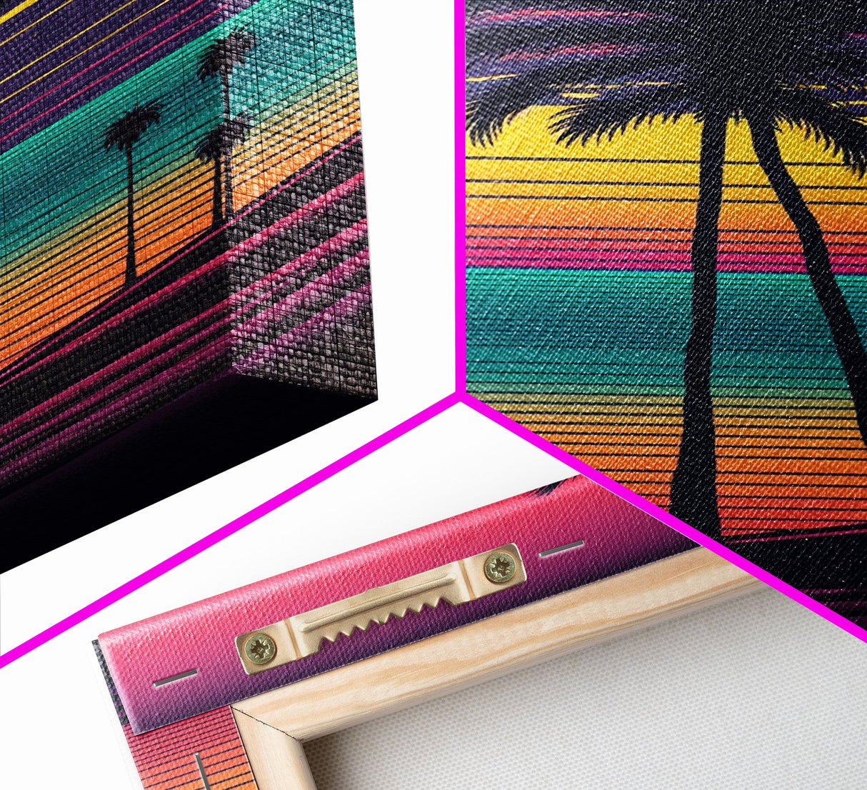 Framed Canvas Print | Art Deco Sunset, Beaches, Pop Art, Palm trees, Retro Style, Island Vibe | Vibrant and Colorful | Retro Style