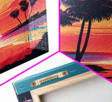 Framed Canvas Print - Art Deco Sunset, Beaches, Minimalist Palm Trees, Retro Synthwave, Vaporwave, 80s Vibes, Gamer Art, Bar Decor