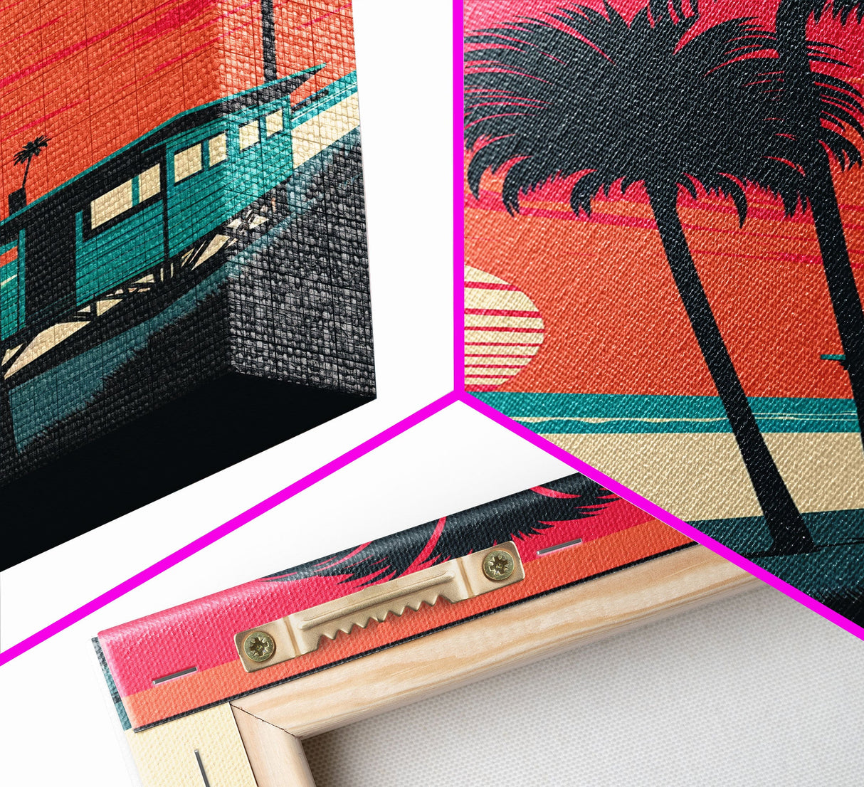 Retro Synthwave Art Deco Sunset Framed Canvas Print, Beaches, Palmtrees, Minimalist Style, Framed Art, Miami Art, California Decor