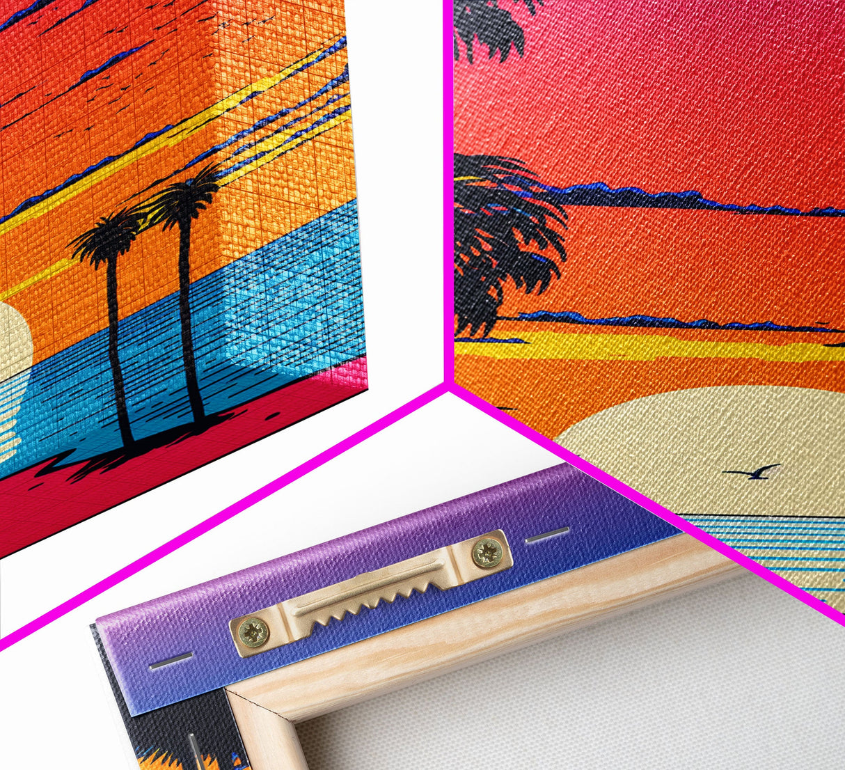 Framed Canvas Print - Art Deco Sunset, Beaches, Minimalist, Palmtrees, Retro Style, Synthwave, Vaporwave, 80s Style Decor, Palme Trees