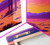 Retro Outrun Style Desert Landscape Print, Framed Canvas Art, Synthwave Style, Southwestern Decor, Western Art, Guest Room Decor