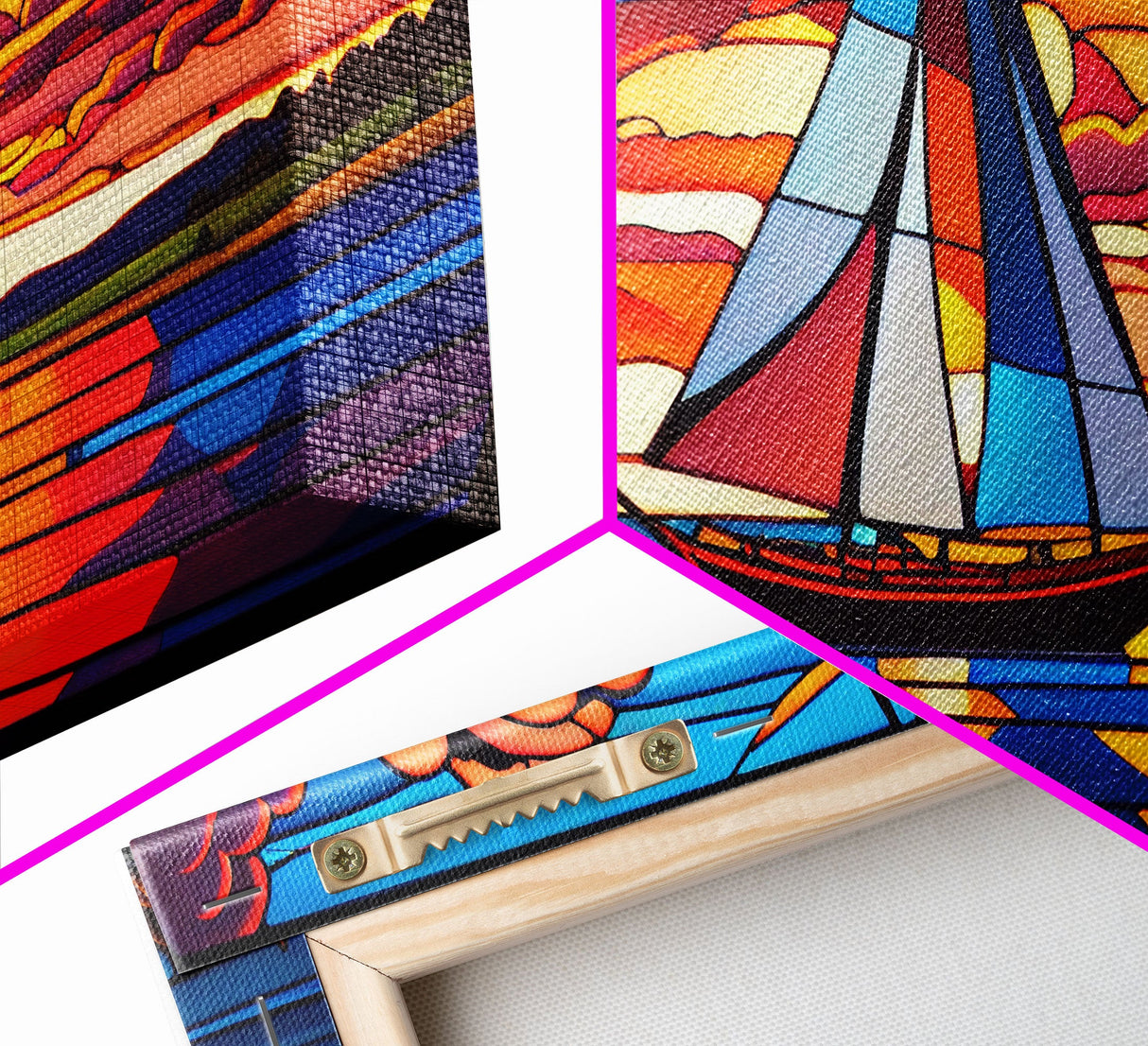 Stained Glass Art Deco Sail Boat Wall Art | Framed Canvas Print | Nautical Art | Seascape Art | Beach House Decor