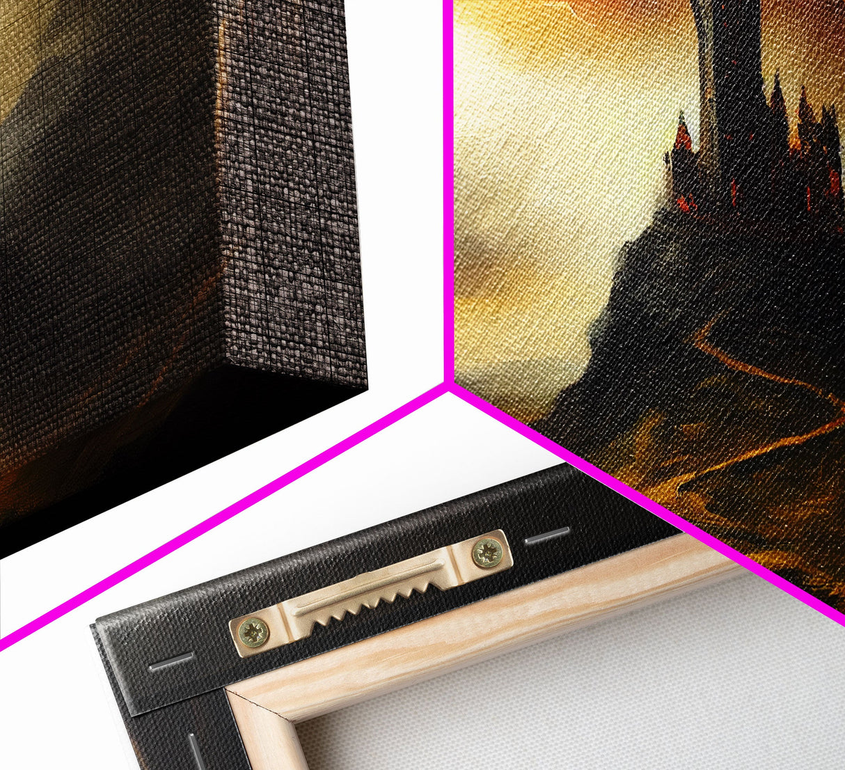 Panoramic Dark Fantasy Wall Art, Framed Canvas, Wood Frame Art, The Dark Castle Oil Painting Fantasy Decor, DND Art