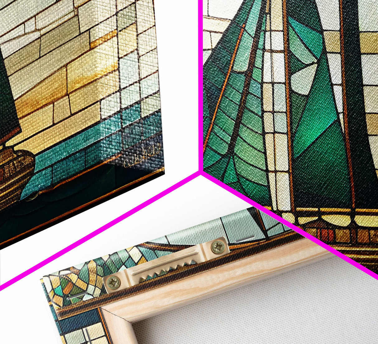 Panoramic Art Deco Sail Boat, Stained Glass, Early 20s Style Art, Roarin' 20s Art, Nautical Theme Framed Canvas Print, Extra Large Art