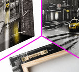 Rainy Night In City, People Crossing Street, Urban Canvas Art, Abstract City Art, Line Art City, Panoramic, Wall Art, Canvas Print