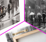 Rainy Day In The City Canvas Print, People With Umbrellas, City Art, Wall Decor, Large Urban Art Print, Panoramic, Wall Art, Canvas Print