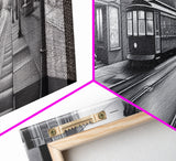 Monochromatic Tram Canvas Print, Pencil Sketch City Art, Wall Decor, Large Urban Art Print, Panoramic, Wall Art, Canvas Print