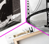 Black And White Suspension Bridge Canvas Print, Large Urban Art Print, Sailboat, River, Landscape, Panoramic, Wall Art, Canvas Print