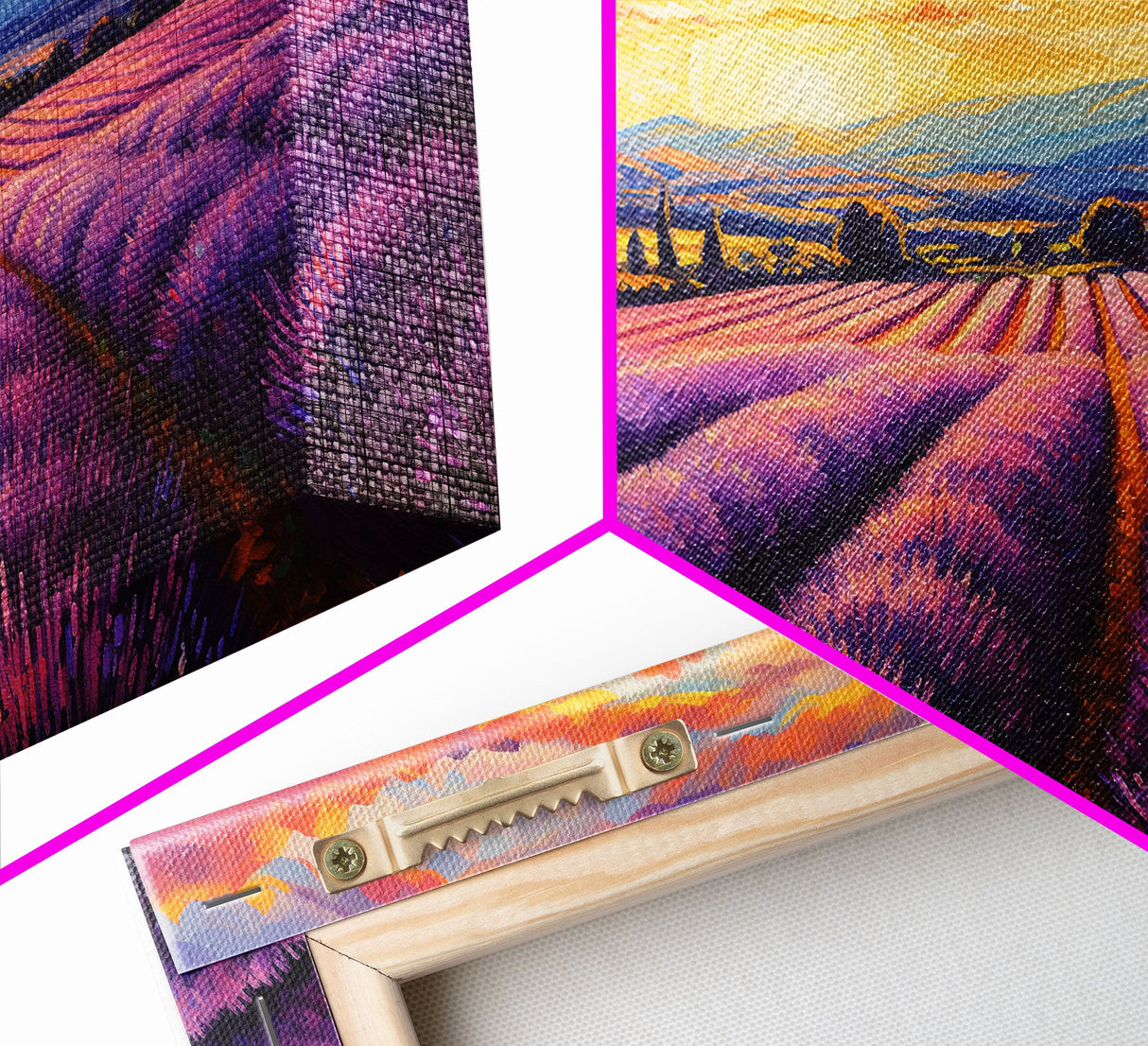 Purple Lavender Fields, 3 Piece Wall Art, Framed Canvas Print, Beautiful Original Landscape Painting, Sunset Painting, Farmhouse Decor