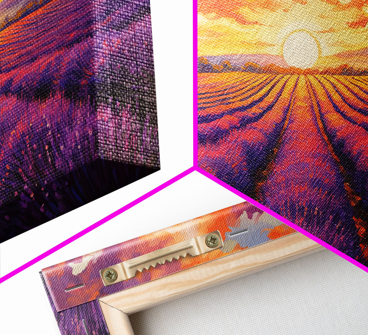 Purple Lavender Fields, 3 Piece Wall Art, Framed Canvas Print, Beautiful Original Landscape Painting, Sunset Painting, Farmhouse Decor