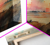 Watercolor Landscape Painting Print, Ready To Hang Panoramic Canvas Print, Whimsical Water Color Sunset, Hazy Smoky Sky