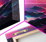 Outrun Style Synthwave Sunset Ocean Waves, 3 Piece Wall Art, Ready To Hang Canvas Print, Cool Unique Lakehouse Wall Art Decor