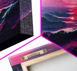 Outrun Style Synthwave Sunset Ocean Waves, 3 Piece Wall Art, Ready To Hang Canvas Print, Cool Unique Lakehouse Wall Art Decor