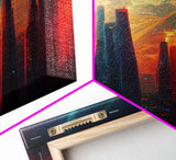 Cyberpunk City At Sunset, Futuristic, 3 Piece Wall Art, Ready To Hang Canvas Print, Cool Living Room Wall Art Decor