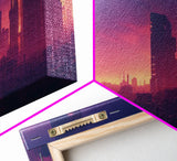 Cyberpunk Cityscape, Ready To Hang Canvas Print, Panoramic, Cyberpunk Concept Art, Cityscape at Sunset, Cool mancave art, Purplewave