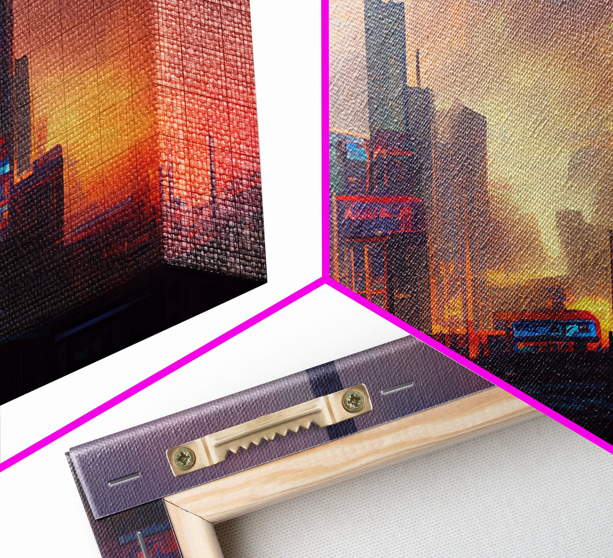 Cyberpunk City, Night City Watercolor, Videogame Concept Art, Watercolor Of a Cyberpunk City 3 Piece Wall Art, Ready To Hang Canvas Print