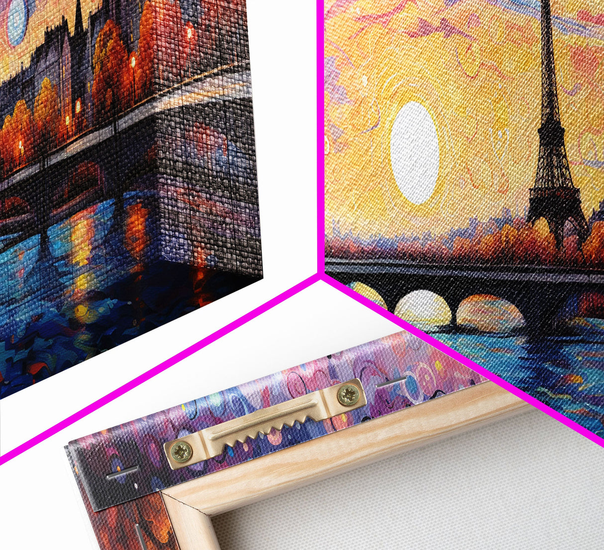 Eiffel Tower Abstract Paris France Panoramic Framed Canvas Print, Van Gogh Inspired Original Painting, Colorful Wall Art